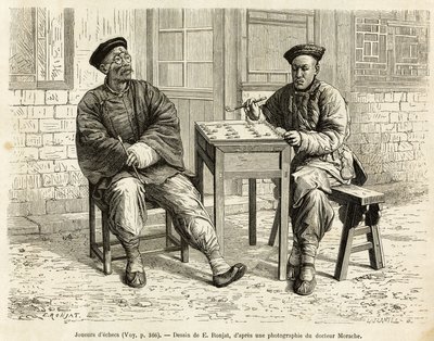 チェスプレイヤー。1873年にT.Choutzeが行ったペキンと北中国への航海を説明するためにA.Marieが描いた絵をもとにしたエングレーヴィングで、1876年にEdouard Chartonが編集した "Le tour du monde "に掲載されている。セルバ・コレクション。 作： Adrien Emmanuel Marie
