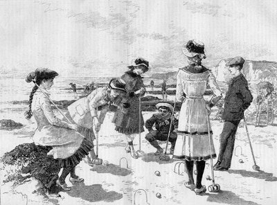 浜辺でクロケットをする子供たち。1881年9月17日付 "Le Monde Illustré "1277号に掲載されたAdrien Marieのエングレーヴィング。 作： Adrien Emmanuel Marie