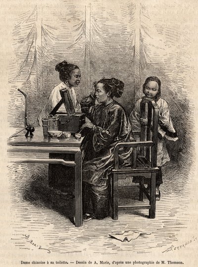 中国人女性のトイレ。1873年にT.Choutzeが北京と華北への航海を説明するために描いたA.Marieの絵をもとにしたエングレーヴィングで、1876年にEdouard Charton編集の "Le tour du monde "に掲載されている。セルバ・コレクション。 作： Adrien Emmanuel Marie