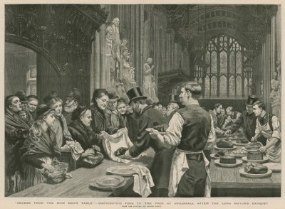 市長主催の宴の後、ギルドホールで貧しい人々に食べ物を配る（エングレービング 作： Adrien Emmanuel Marie