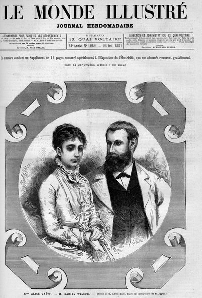 フランスの政治家ダニエル・ウィルソン（1840-1919）とその妻アリス・グレヴィの肖像。エイドリアン・マリーによる版画。10月22日付「華麗なる世界」第1282号の1枚 作： Adrien Emmanuel Marie