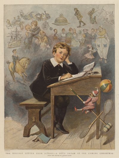 学校からの休日の手紙、これからのクリスマスの少年の夢（chromolitho） 作： Adrien Emmanuel Marie