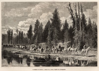 1870年から1872年にかけて、ヘイデン氏、ドーン氏、ラングフォード氏がアメリカ国立公園内で行った一連の地理的任務を示す、A.マリー氏の絵の後に彫られた、ヘンリー川沿いのヘイデン山へ向かう地理的任務の全体像。 作： Adrien Emmanuel Marie