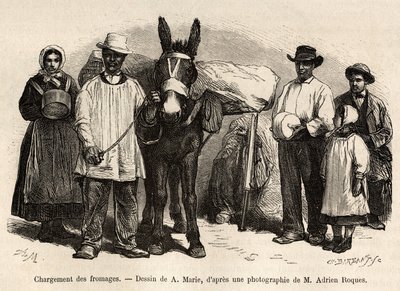 チーズをロバの背中に乗せてロックフォールの貯蔵庫に向かう様子。"Le tour du monde "に掲載された1874年のAdrien RoquesとJules Chartonによるロックフォールとその周辺への旅を描いたA.Marieのドローイングに基づくエングレーヴィング。 作： Adrien Emmanuel Marie