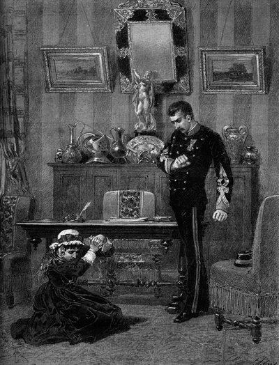 演劇での表現"アルベール・デルピット（1849-1893）作「コラリーの息子」、エイミー・ジャンヌ・テッサンディエ（1851-1923）（コラリー）、ルシアン・ギトリ（1860-1925）（ダニエル）。パリ、ギムナジウム劇場 作： Adrien Emmanuel Marie