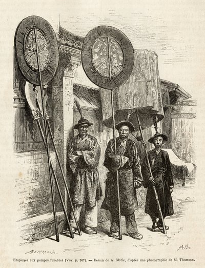 ペキンでの3人の葬儀屋。1873年にT.Choutzeが行ったペキンと中国北部への航海を説明するためにA.Marieが描いた絵をもとにしたエングレーヴィングで、1876年にEdouard Chartonが編集した「Le tour du monde」に掲載されている。セルバ・コレクション。 作： Adrien Emmanuel Marie