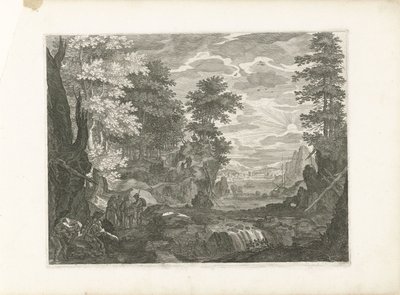 街を背景にした滝 ボヘミアの 4 つの風景 (シリーズ タイトル) 作： Aegidius Sadeler (II) (attributed to)