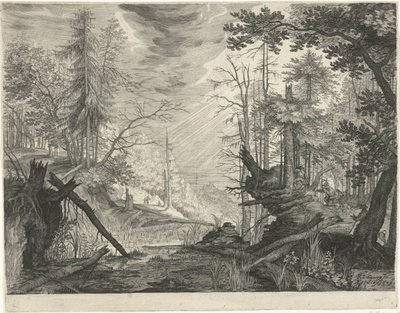 森の中の川沿いの 3 人のハンター チロルの山の風景（連載タイトル） 作： Egidius  Sadeler (II)