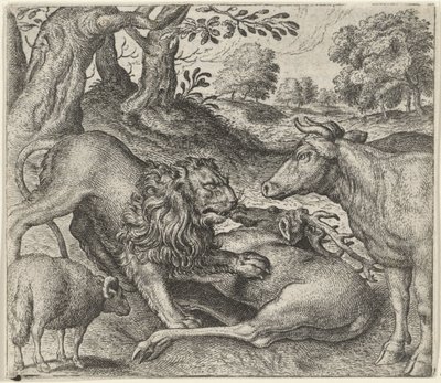 狩りをするライオンと牛と羊の寓話 作： Egidius  Sadeler (II)