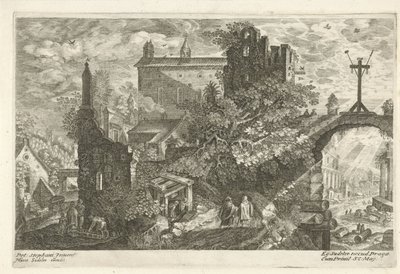 旧市街の門に木製の十字架 ボヘミアの 8 つの風景 (シリーズ タイトル) 作： Egidius  Sadeler (II)