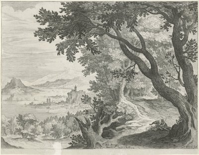 木の下に二人の人物がいる風景 作： Egidius  Sadeler (II)