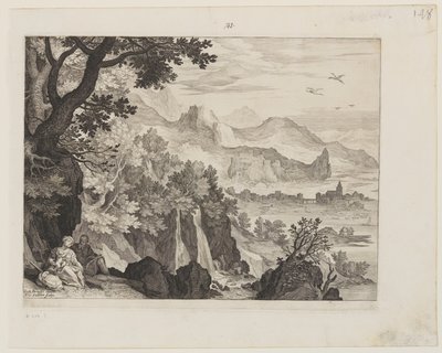 エジプトへの飛行中の休息と山の風景 作： Aegidius Sadeler II