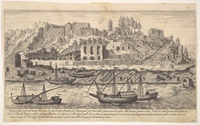 プレート21：ローマのアヴェンティーナの丘の遺跡の西からの眺め、川でのボート...、1606年。 作： Aegidius Sadeler II