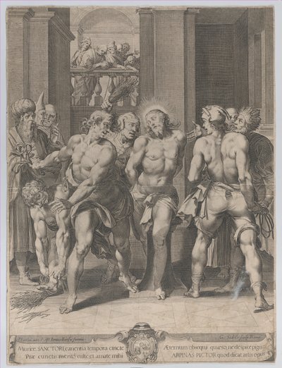キリストの鞭打ち、両側にむち打たれ、バルコから見守る人物…、1593年。 作： Aegidius Sadeler II