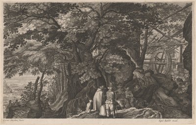 山の水車小屋のそばにある古代の木々 作： Aegidius Sadeler II after Pieter Stevens