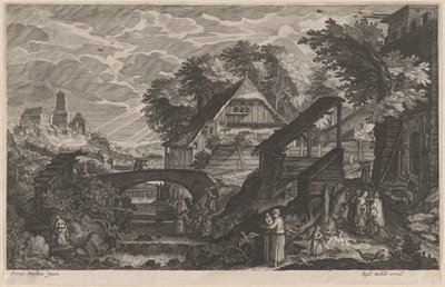 都市を超えた川沿いの農家 作： Aegidius Sadeler II after Pieter Stevens