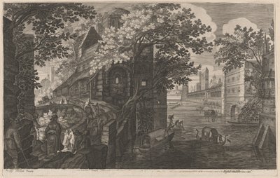 宮殿のそばの川のゴンドラ 作： Aegidius Sadeler II after Pieter Stevens