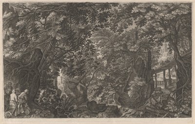 木の橋の近くの森のハンター 作： Aegidius Sadeler II after Pieter Stevens