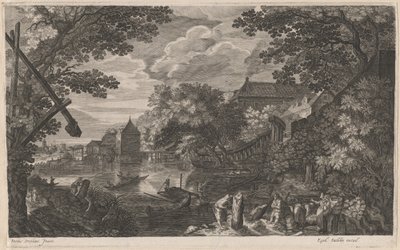 要塞都市の漁師と川の風景 作： Aegidius Sadeler II after Pieter Stevens