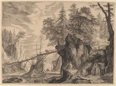 橋の前の石の上の製図工 作： Aegidius Sadeler II after Roelandt Savery