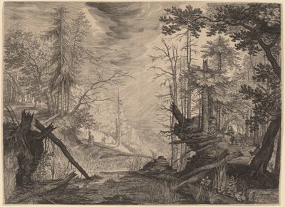 プールの近くの 3 人のハンターと 2 匹の犬 作： Aegidius Sadeler II after Roelandt Savery