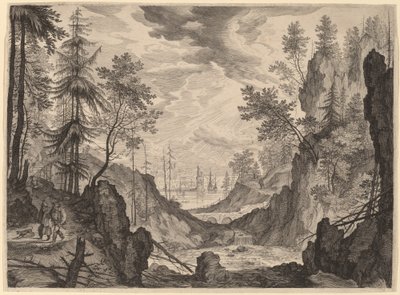 滝のある森のシーン 作： Aegidius Sadeler II after Roelandt Savery