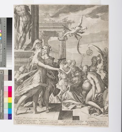 アテナがミューズの間で絵画を紹介、c.1603（エッチングと彫刻） 作： Aegidius Sadeler or Saedeler