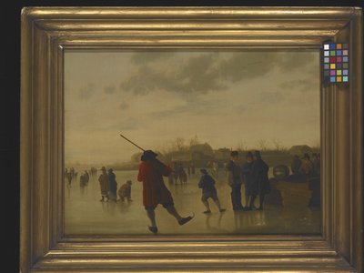 スケーターがいる凍った川の風景（キャンバスに油彩） 作： Aelbert Cuyp