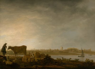 川沿いの牧夫と牛のいるヴィアネンの眺め、c. 164345。 作： Aelbert Cuyp