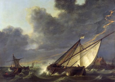 嵐の中でオランダの河口のボート 作： Aelbert Cuyp