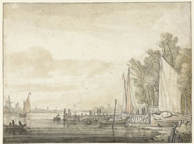 川の桟橋でボート 作： Aelbert Cuyp