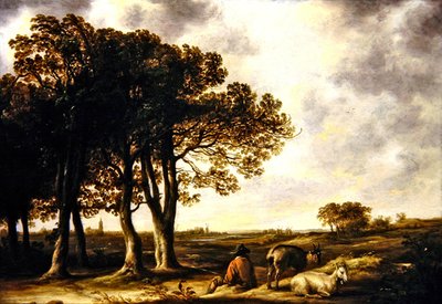 オランダ風景の中の山羊飼い、アムステルダムの遠景（油彩・パネル） 作： Aelbert Cuyp