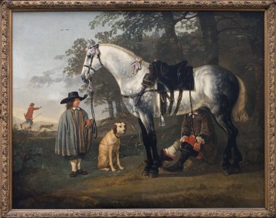 風景の中の灰色の馬。アルベール（アエルベルトまたはアエルブレヒト）・カイプ（1620-1691）による絵画、油彩・カンヴァス、1650年頃の作品。オランダ美術 作： Aelbert Cuyp