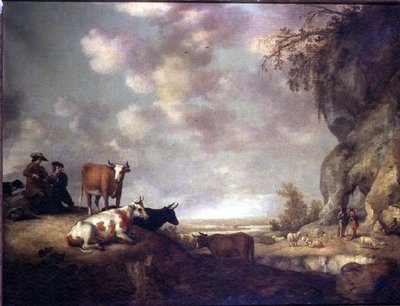 音楽を奏でる牧童たちのいる風景 作： Aelbert Cuyp