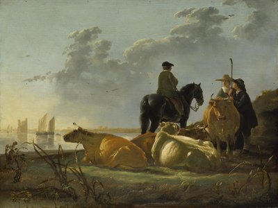 メルウェード川沿いの農民と牛、1655-60年頃（パネルに油彩） 作： Aelbert Cuyp