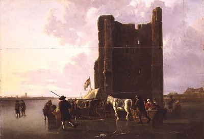 Huis te Merwedeのそばで、凍ったマース川にそりを持った町の人たち 作： Aelbert Cuyp