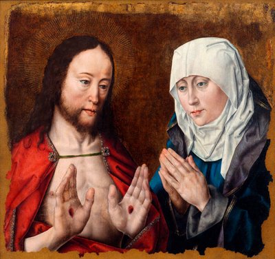 彼の母の手に爪の傷を示すキリストc。 1490。 作： Aelbrecht Bouts