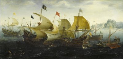 カディスのオランダとイギリスの船の戦いがスペインの無敵艦隊を攻撃する、1608 作： Aert Anthonisz