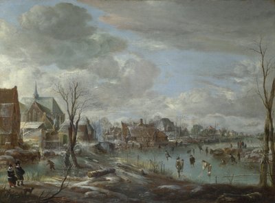 村の近くの凍った川とゴルファーやスケーターたち 1647-1648年頃 作： Aert van der Neer