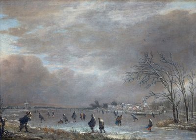 凍った川のスケーターと冬の風景 作： Aert van der Neer