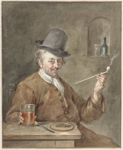 皿、ナイフ、グラスのあるテーブルでパイプを吸う男 作： Aert Schouman