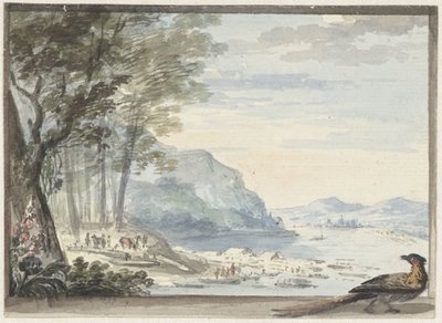 フォア グラウンドでライチョウと川の風景 作： Aert Schouman