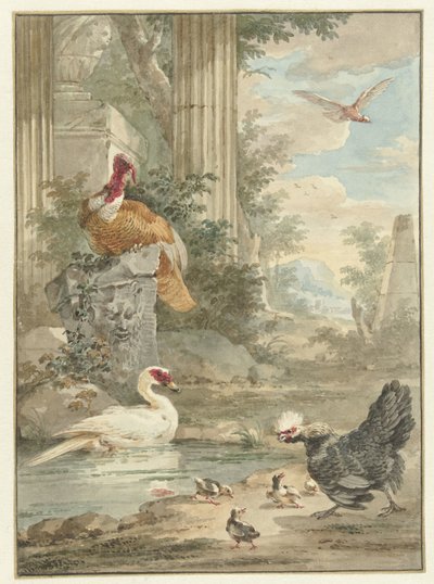 公園内の古典遺跡の近くの七面鳥と他の鳥 作： Aert Schouman