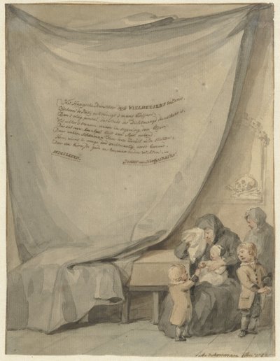 棺のそばで 4 人の子供を持つ未亡人 作： Aert Schouman