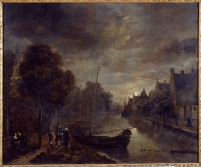 月光によるオランダの町の運河（キャンバスに油彩） 作： Aert van der Neer