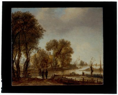 線路の上で会話する男たちのいる川の風景 作： Aert van der Neer