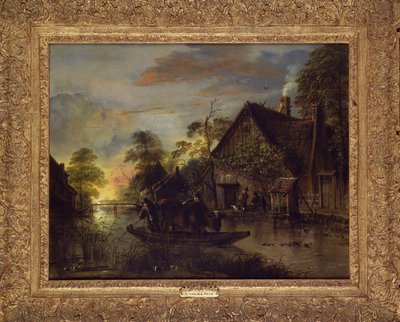 農民が雄牛をフェリーで運んでいる川の風景 作： Aert van der Neer