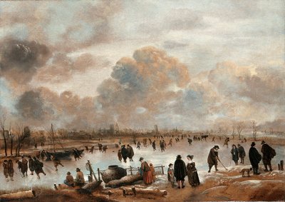 凍った水路にスケーターと町民がいる冬の風景 作： Aert van der Neer