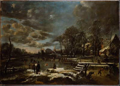 ゴルフとスケートをする人物のいる冬の川の風景 作： Aert van der Neer