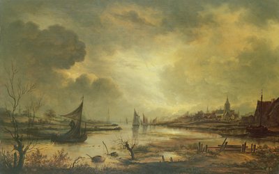 月明かりの下で川沿いのオランダの町（パネルに油彩） 作： Aert van der Neer